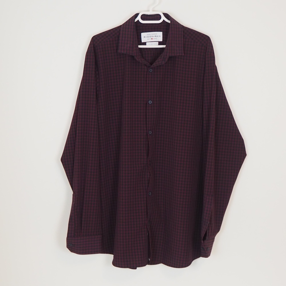 Mizzen+Main Dress Shirt Mens XXL Burgundy Gingham Leeward Trim Fit Performance